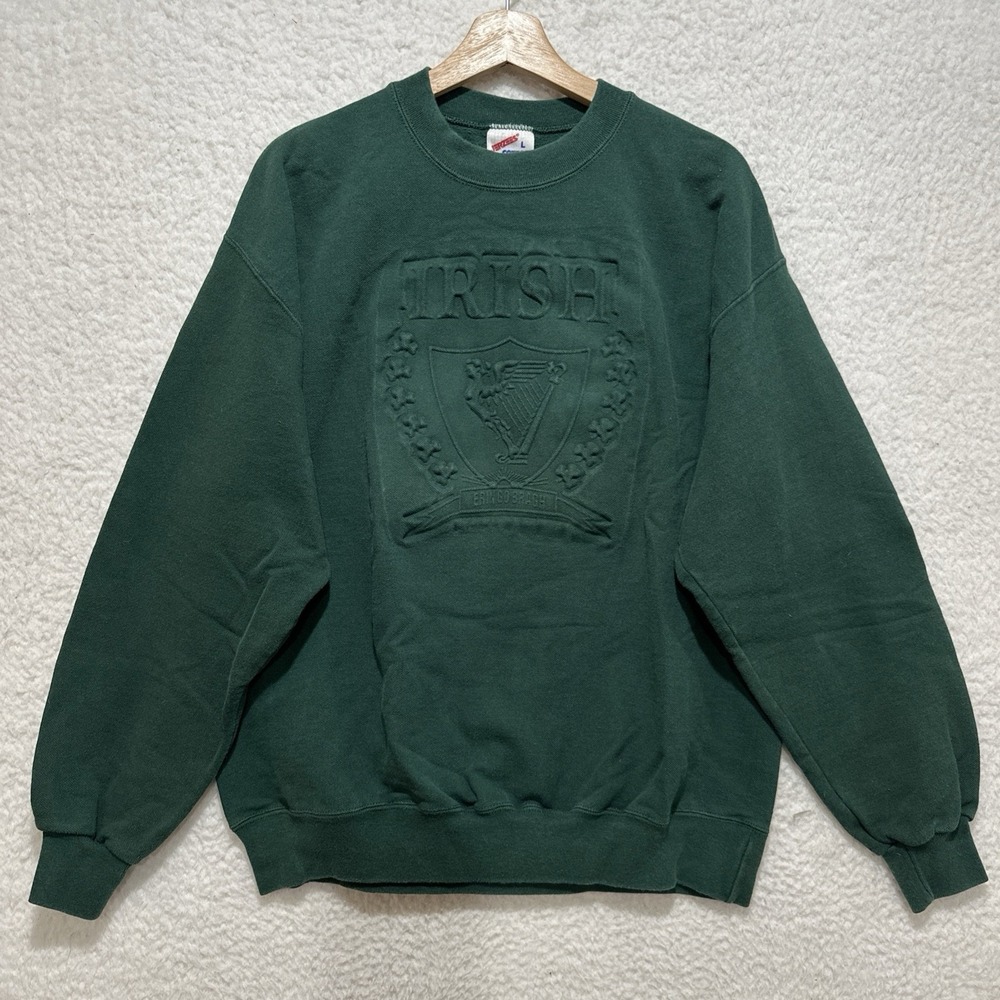 VINTAGE Jerzees Embossed 3D Print Irish‎ Green Pullover Sweatshirt Sz L USA Made